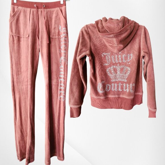 Juicy Couture Velour Tracksuit Set M Dusty Pink Rhinestone Crown Y2K Heritage - Picture 1 of 16